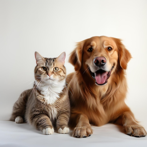 Golden Retriever e Ginger Cat contro una tela bianca