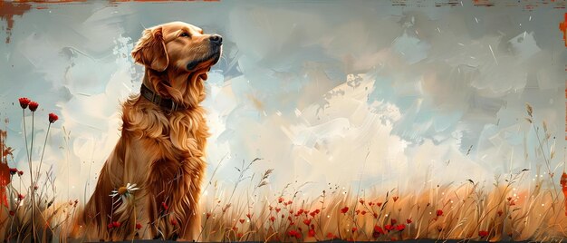 Golden Retriever in campo di fiori acquerello pittura perfetto per biglietti di auguri concetto Golden Restriever Flower Field Acquerello pittura biglietti d'auguri