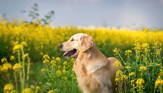 Golden Retriever nel campo con fiori gialli