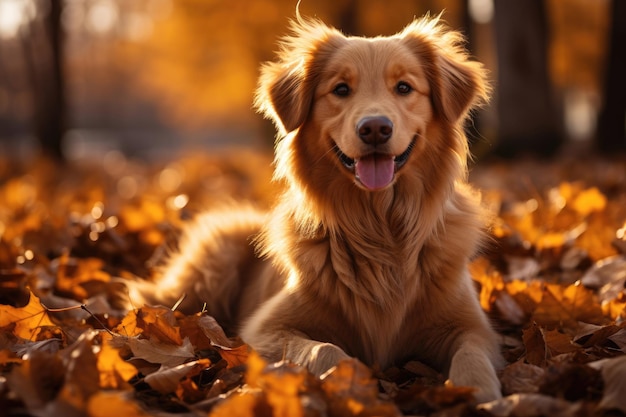 Golden retriever nel fogliame autunnale dorato