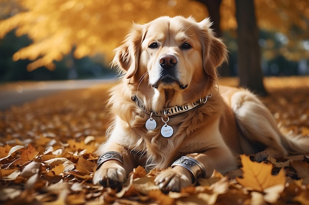 Golden Retriever nel parco d'autunno Golden Retriaver indossa un braccialetto d'argento