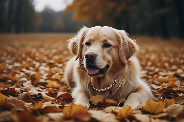 Golden Retriever nel parco d'autunno Golden Retriaver indossa un braccialetto d'argento