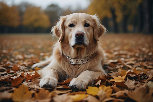 Golden Retriever nel parco d'autunno Golden Retriaver indossa un braccialetto d'argento