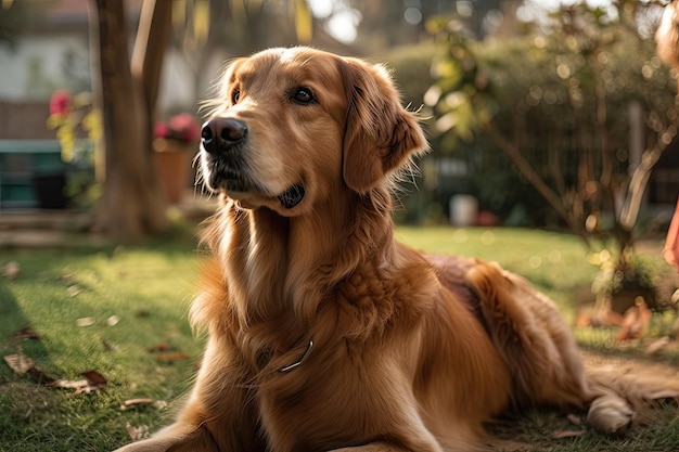 Golden retriever seduto in cortile