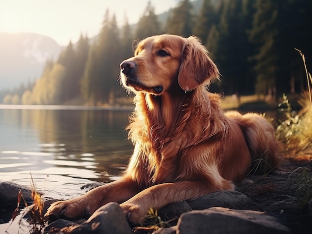 Golden Retriever seduto sulla riva di un lago in montagna Compagno di viaggio in escursione