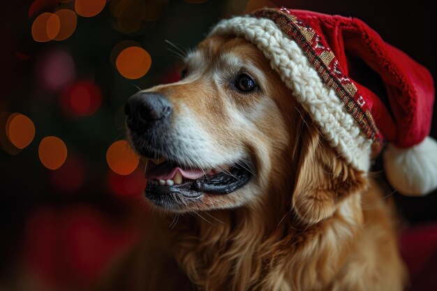 Golden Retriever sorridente che indossa un ritratto di cappello di Natale