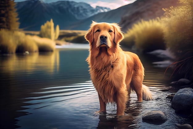 Golden Retriever sulla riva di un lago al tramontogenerativo ai