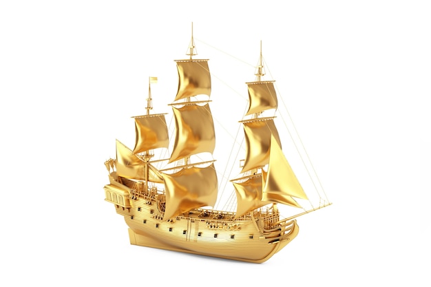 Golden Vintage Tall Veliero, Caravel, nave pirata o nave da guerra su sfondo bianco. Rendering 3D