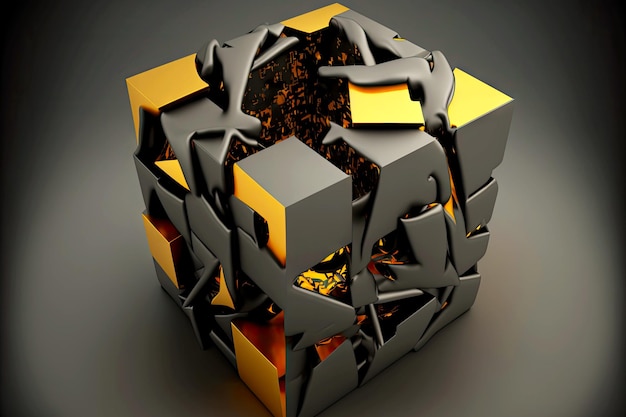 Goldenblack polyhedra in form of collapsing large cube on gray background d abstract