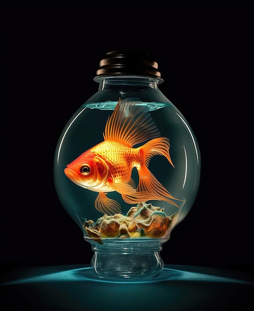 Goldfish in una lampadina su uno sfondo scuro Ia generativa