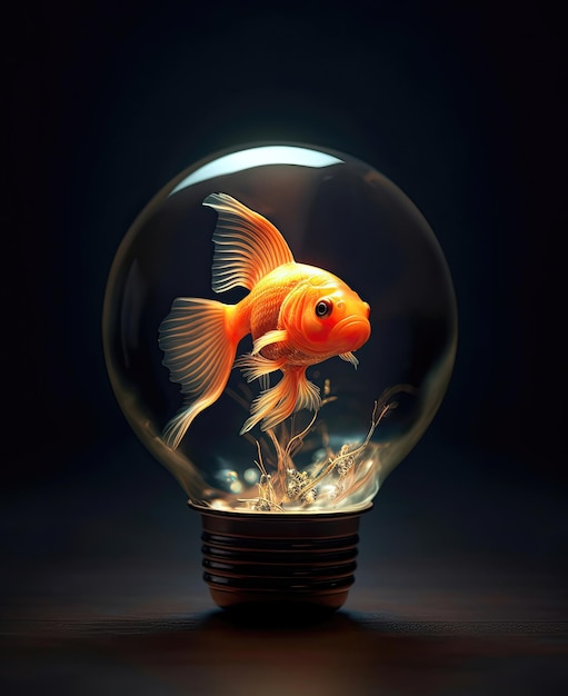 Goldfish in una lampadina su uno sfondo scuro Ia generativa