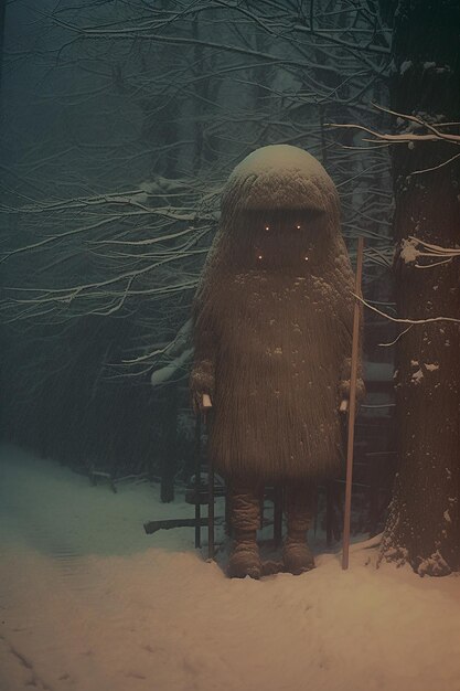 Golem senza volto di legno di Tokyo in stalla lungo i sentieri del parco in una notte d'inverno innevata