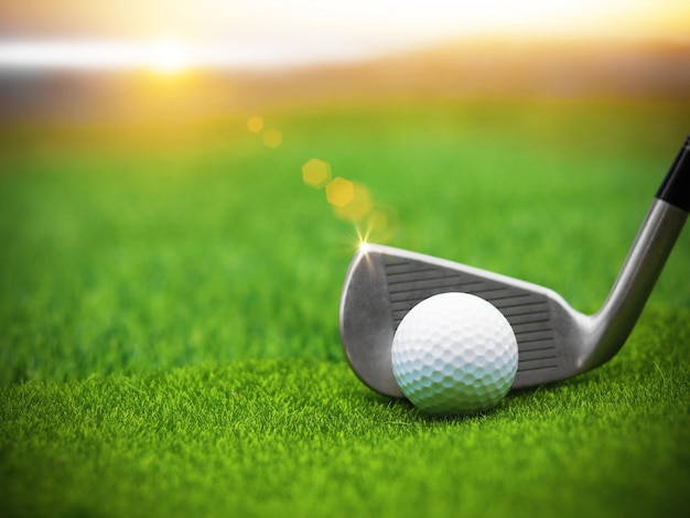 Golf club da vicino sull'erba verde su uno splendido paesaggio sfocato di sfondo di golf Concetto di sport internazionale che si basa su abilità di precisione per il relax della salutex9