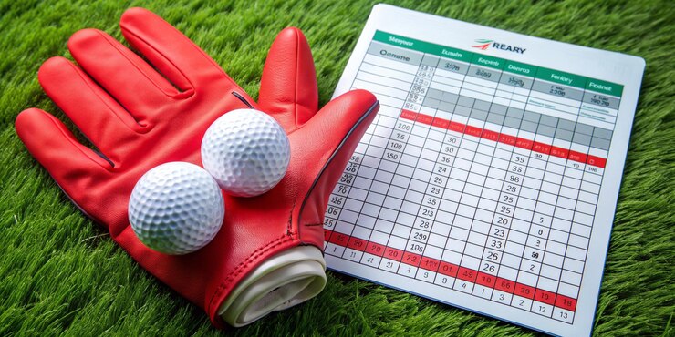 Photo golf score card with glove and red tee