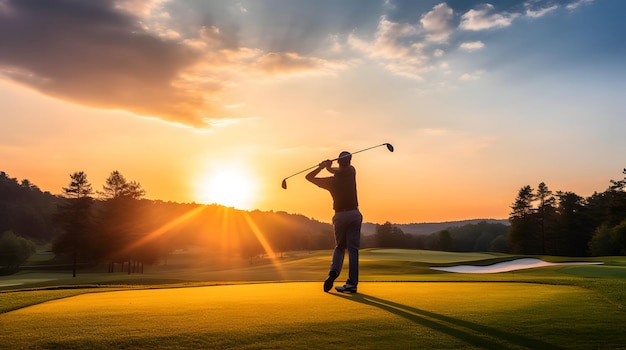Golfista che fa un swing su un campo da golf durante il tramonto