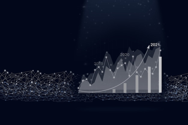 Gologramma virtuale di statistiche, grafico con freccia in alto, brillantezza e linea digitale. Concetto di crescita aziendale