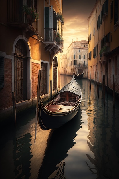 Gondola nei canali di venezia al tramonto creata con tecnologia ai generativa
