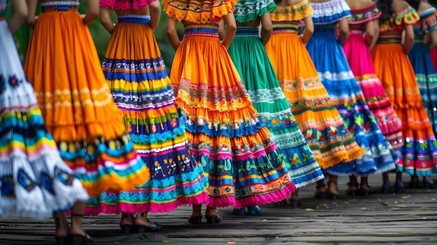 Gonne vibranti indossate da ballerine durante un tradizionale festival culturale messicano Concetto Costumi tradizionali Cultura messicana Gonne vibrante Festival culturale di danza popolare