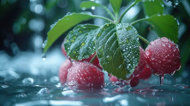 Gooseberry indiano Amla galleggiando sopra l'acqua cristallina accanto a foglie di palma lenti ultra ampie