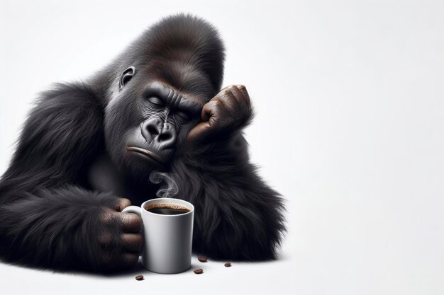 gorilla addormentato che tiene in mano una tazza di caffè isolata su uno sfondo bianco solido