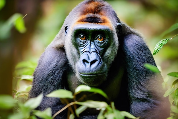 Gorilla africano con macchie chiare sulla pelle in agguato nel fitto fogliame