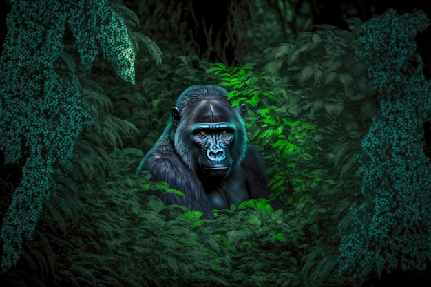 Gorilla africano con macchie chiare sulla pelle in agguato nel fitto fogliame
