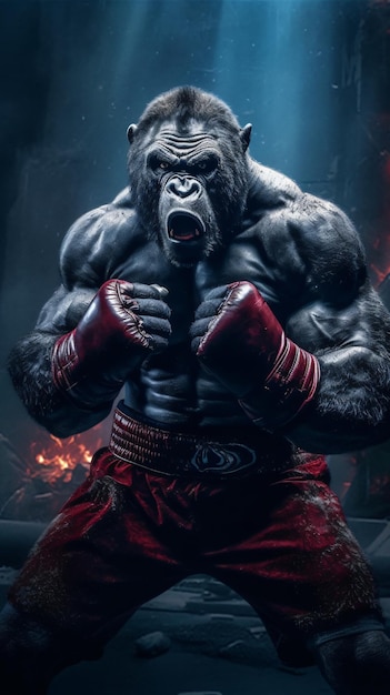 Gorilla arrabbiato con guantoni da boxe pronti a combattere MMA boxe muay thai kickboxing