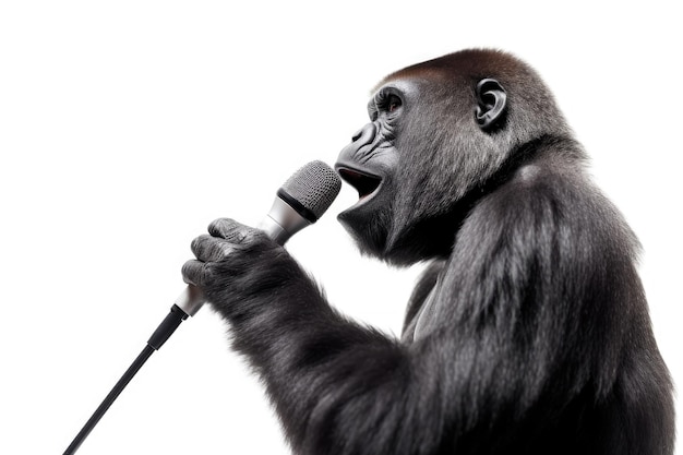 Gorilla con microfono su sfondo bianco IA generativa