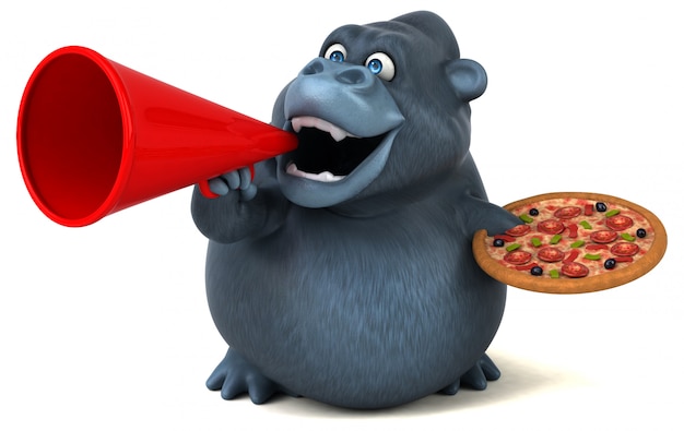 Gorilla divertente 3d che tiene una pizza e un megafono