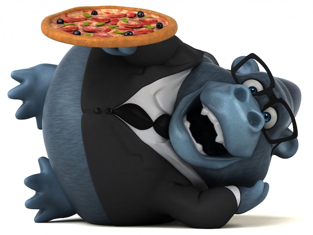 Gorilla divertente 3d in un vestito con una pizza