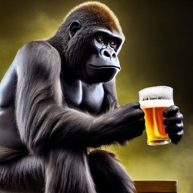 Gorilla divertente che beve birra all'illustrazione della barra