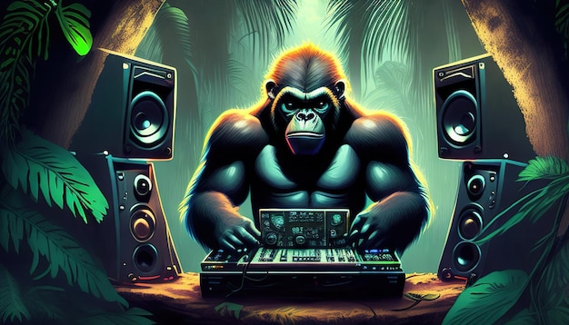 Gorilla dj sfondo con altoparlanti illustrazione a colori