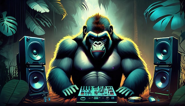 Gorilla dj sfondo con altoparlanti illustrazione a colori