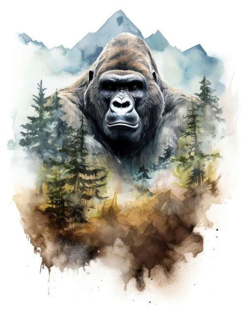 Gorilla doppia esposizione di un gorilla e natura montagne alberi in acquerello