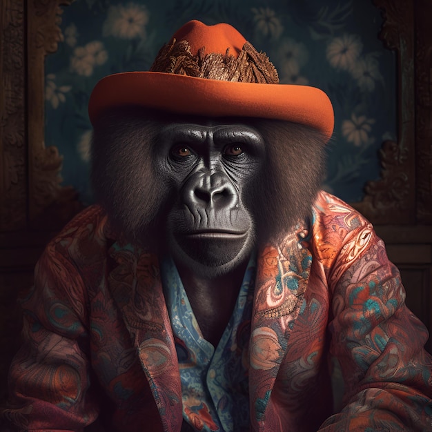 gorilla in abito hippie medievale bohémien boho con perline surreali