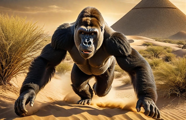 Gorilla in corsa sulla pista sullo sfondo natura del deserto fauna selvatica e neve