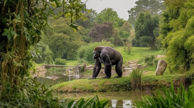 Gorilla in piedi su una roccia in uno stagno