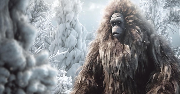 Gorilla nell'illustrazione della foresta invernale Fantasia