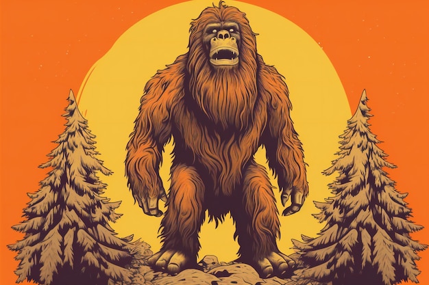 Gorilla nella foresta al tramonto illustrazione in stile retrò