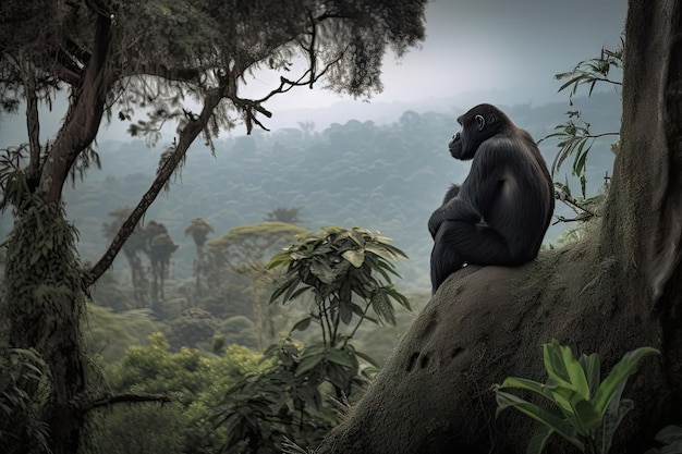Gorilla seduto su un albero che si affaccia su un paesaggio pacifico creato con l'IA generativa