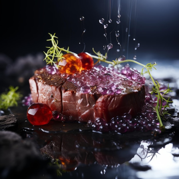 Gourmet Fusion Savory Beef Steak adornato con un perimetro di uva