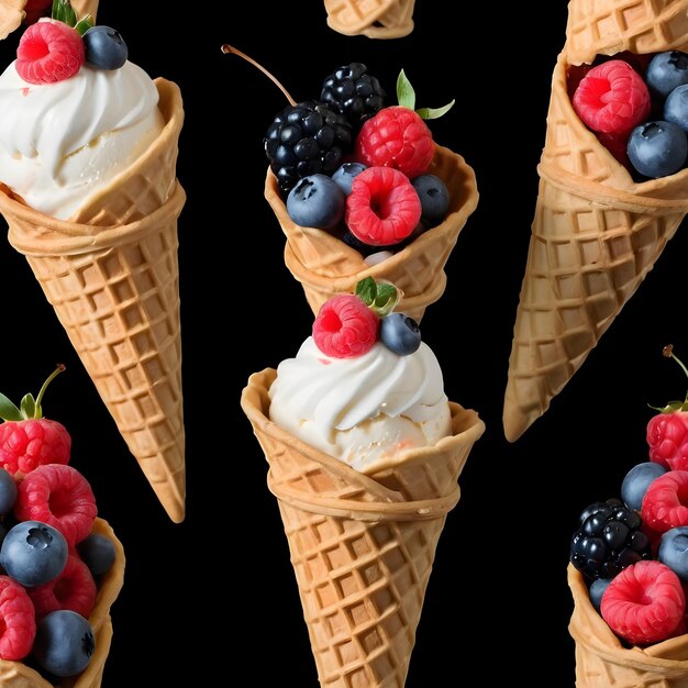 Gourmet Waffle Cone con crema fritta e bacche fresche su uno sfondo scuro