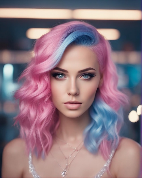 Grace del modello Chroma Cascade con capelli rosa e azzurri e acquerello