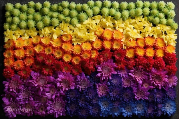 Gradiente arcobaleno formato da file di fiori diversi creati con intelligenza artificiale generativa