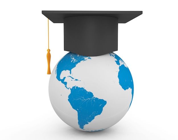 Graduation Academic Cap with Earth Globe on a white background