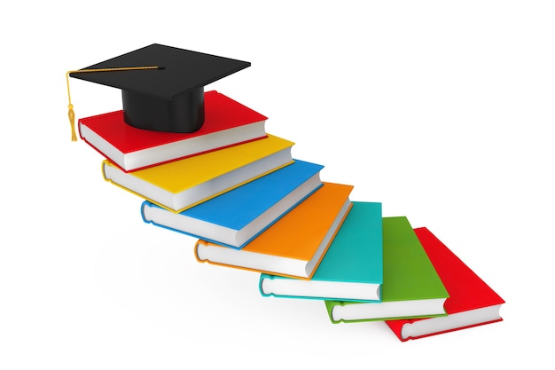 Graduation Cap accademico su libri come scaletta su sfondo bianco. Rendering 3D