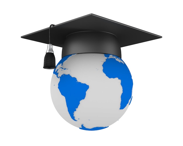 Graduation cap and globe on white.