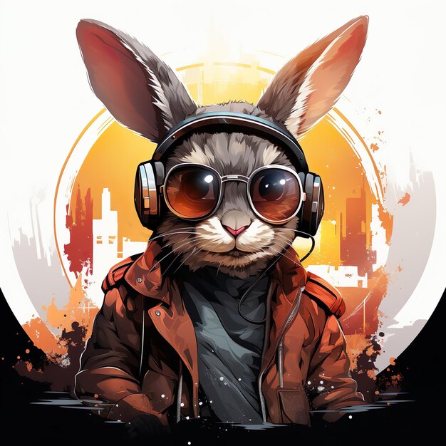 Graffiti Bunny Edgy Rabbit Vector in Neon Cityscape Leather Jacket Occhiali da sole Urban Rooftop