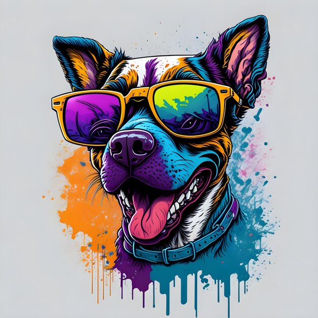 graffiti colorati di un buffo cane che indossa una maglietta e occhiali da sole, design stampabile per maglietta