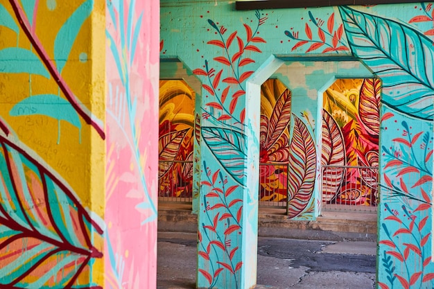 Graffiti di piume che coprono gli archi del tunnel in città